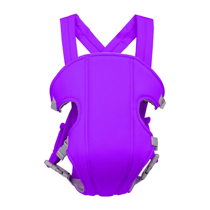 Bright purple breathable baby sling carrier with adjustable shoulder straps and secure grey side buckles.