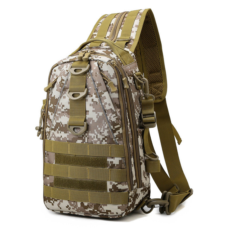 Tan camouflage tactical sling bag with multi-layer pockets, molle webbing, and adjustable padded shoulder strap.