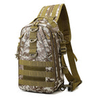 Tan camouflage tactical sling bag with multi-layer pockets, molle webbing, and adjustable padded shoulder strap.