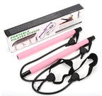 Portable Pilates bar set with pink foam-covered metal rods, black resistance bands, and soft foot straps in a box.