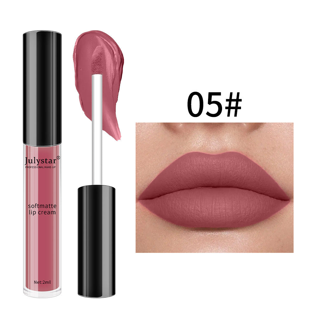 Julystar mauve soft matte lip cream in clear tube with applicator, showing a swatch and applied on lips. Shade 05#.