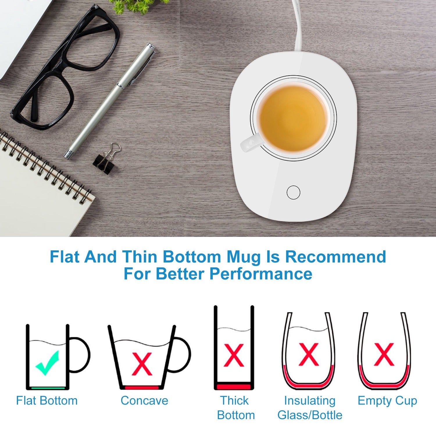 White electric mug warmer on a desk with a tea cup, plus a diagram showing compatible flat-bottomed cup requirements.
