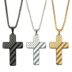 Three titanium steel cross necklaces in black, silver, and gold with American flag-inspired star and stripe designs.