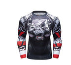 Compression long-sleeve gym shirt with wolf graphic, black, white, and red accents, tight-fitting athletic fabric.