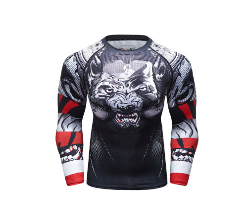 Compression long-sleeve gym shirt with wolf graphic, black, white, and red accents, tight-fitting athletic fabric.