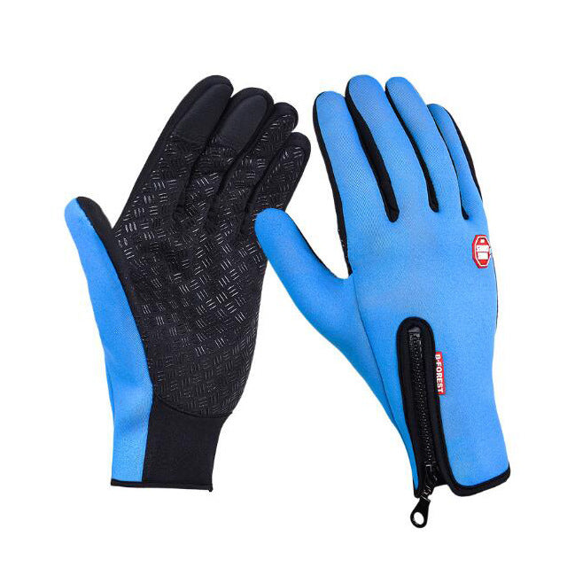 Blue and black thermal winter gloves with textured anti-slip palms, touchscreen compatibility, and zippered wrists.