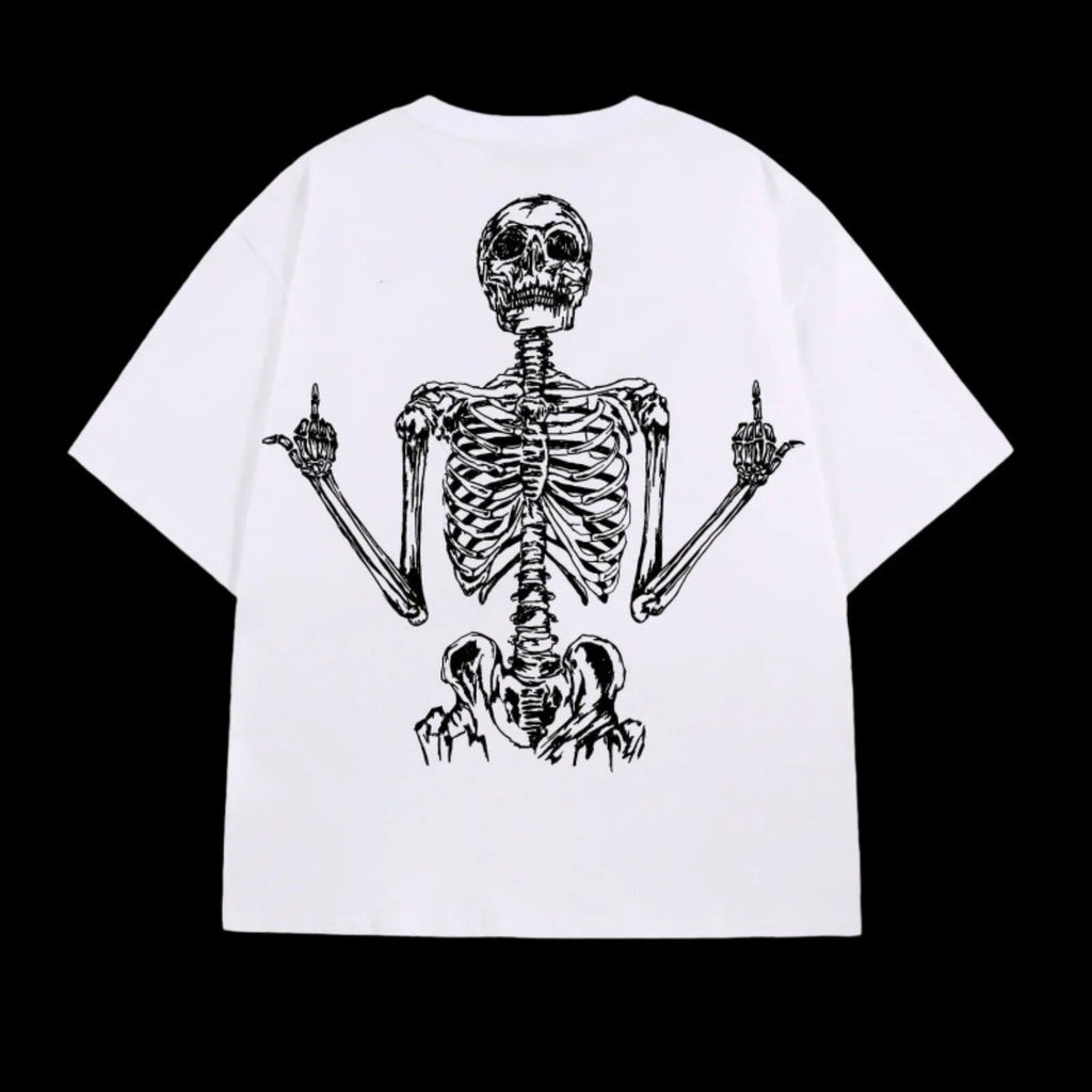 Loose white hip-hop t-shirt featuring a black graphic of a skeleton giving the middle fingers on the back.