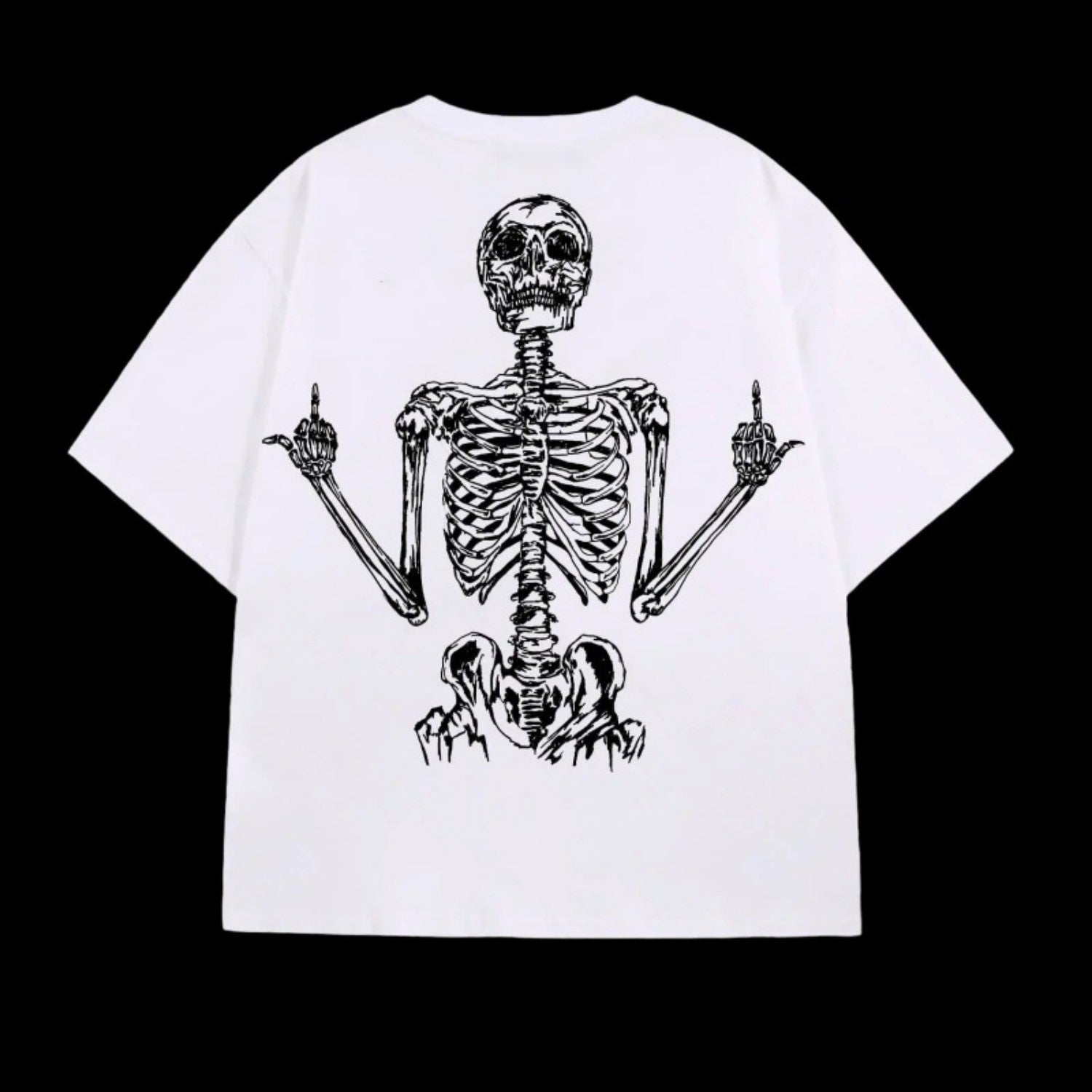 Loose white hip-hop t-shirt featuring a black graphic of a skeleton giving the middle fingers on the back.