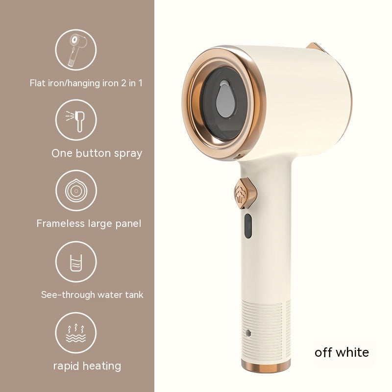 Off-white and rose gold handheld garment steamer with a list of key features shown in icons on the left.
