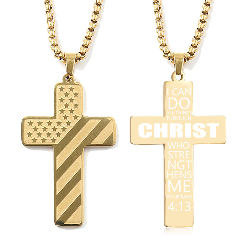 Gold-tone titanium steel cross necklace featuring an American flag design on one side and Bible verse on the reverse.