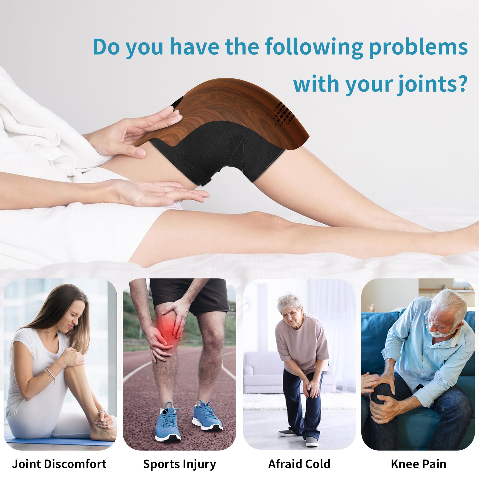 Electric knee massager with wood-grain top and black fabric, worn by a person, with photos of knee pain conditions.