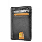 Black slim PU leather RFID-blocking card holder with multiple card slots and an easy-access thumb cutout.