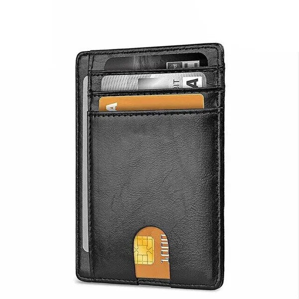 Black slim PU leather RFID-blocking card holder with multiple card slots and an easy-access thumb cutout.