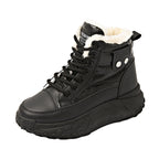 Black high-top winter boot with windproof material, white faux-fur lining, black laces, and a thick, lugged sole.