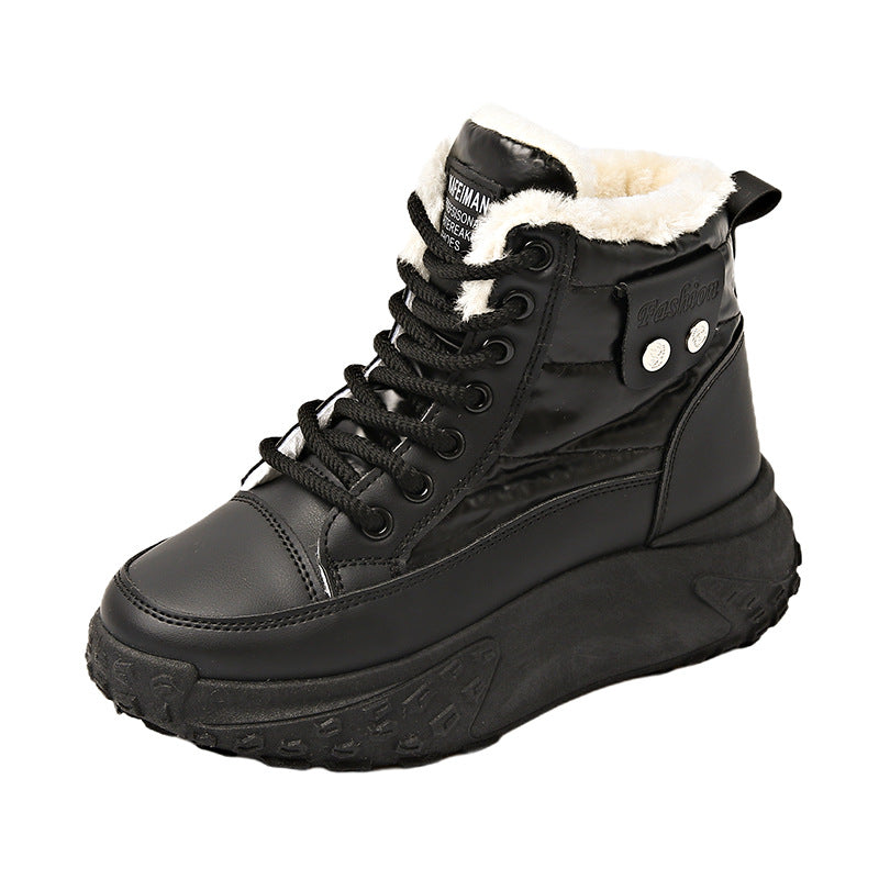 Black high-top winter boot with windproof material, white faux-fur lining, black laces, and a thick, lugged sole.