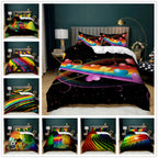 Three-piece bedding set featuring vibrant 3D rainbow music-themed prints on black backgrounds for a modern bedroom.