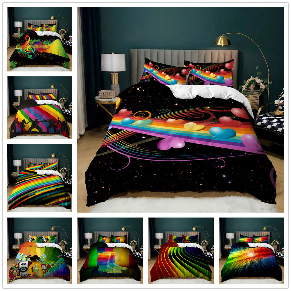 Three-piece bedding set featuring vibrant 3D rainbow music-themed prints on black backgrounds for a modern bedroom.
