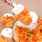Stainless steel 3-in-1 pizza cutter and server lifting a slice of corn-topped pizza. Practical kitchen tool.