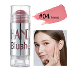 Digitaldistribution375 #04 Matte pink cream blush stick with clear cap and model showing application on cheek.