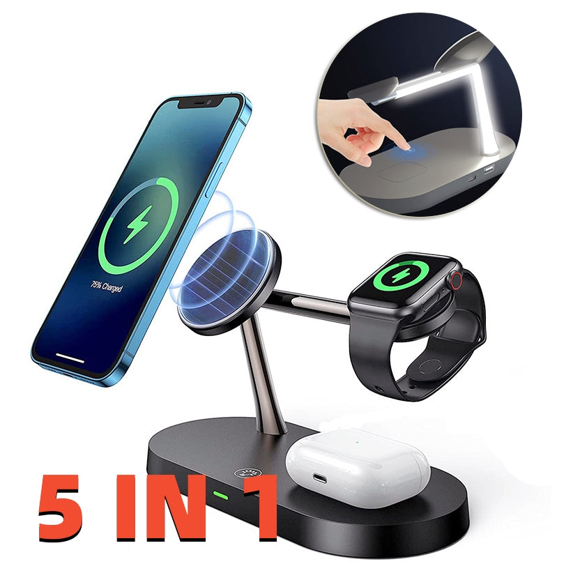 Black 5-in-1 magnetic wireless charging station for phone, watch, and earbuds, with integrated LED desk lamp.