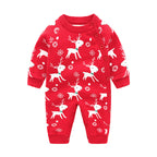 Red knitted baby romper with white reindeer and snowflake pattern, side-button closure, and ribbed cuffs.