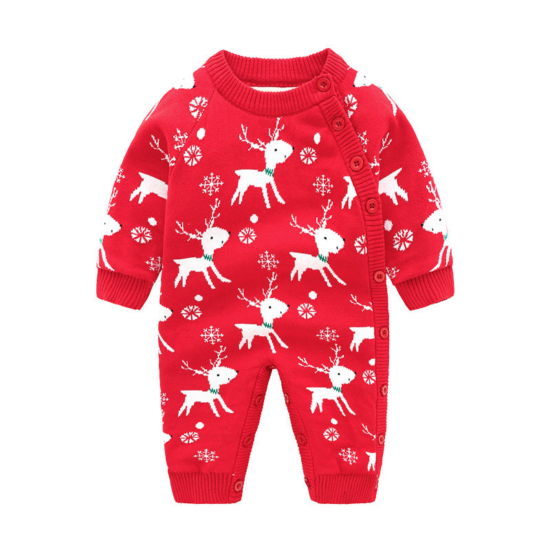 Red knitted baby romper with white reindeer and snowflake pattern, side-button closure, and ribbed cuffs.