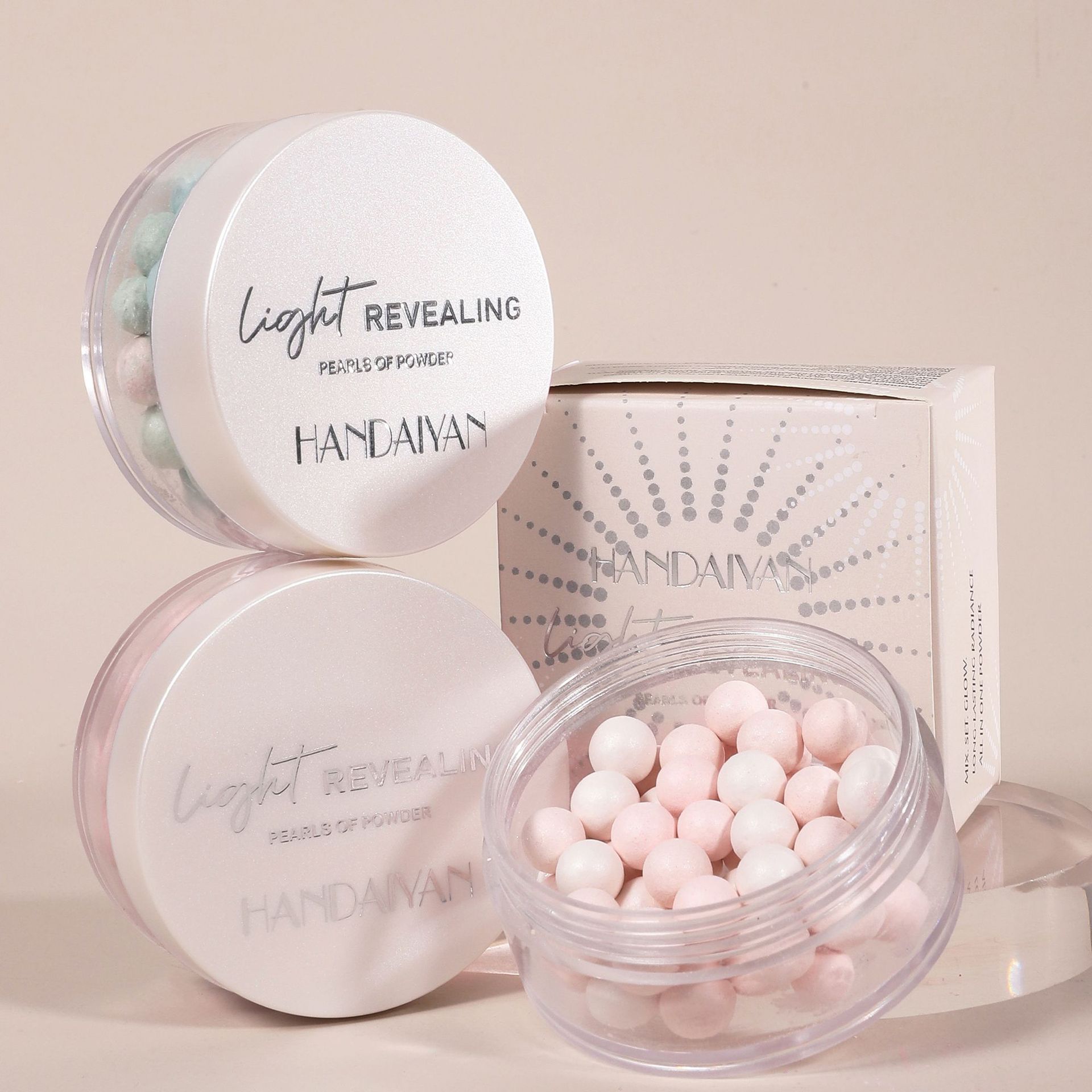 Handaiyan loose powder ball sets in clear plastic jars with white lids, featuring pastel multicolored powder pearls.