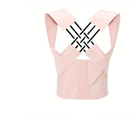Light pink posture corrector brace with wide fabric shoulder straps and a black crisscross tension design on the back.