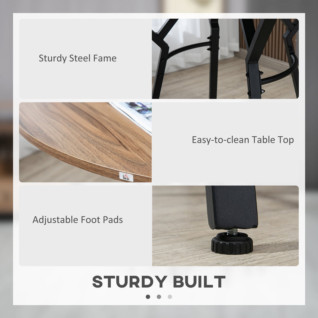 Collage showing a wood-grain tabletop, black steel frame, and adjustable foot pads for a bar table set.