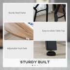 Collage showing a wood-grain tabletop, black steel frame, and adjustable foot pads for a bar table set.
