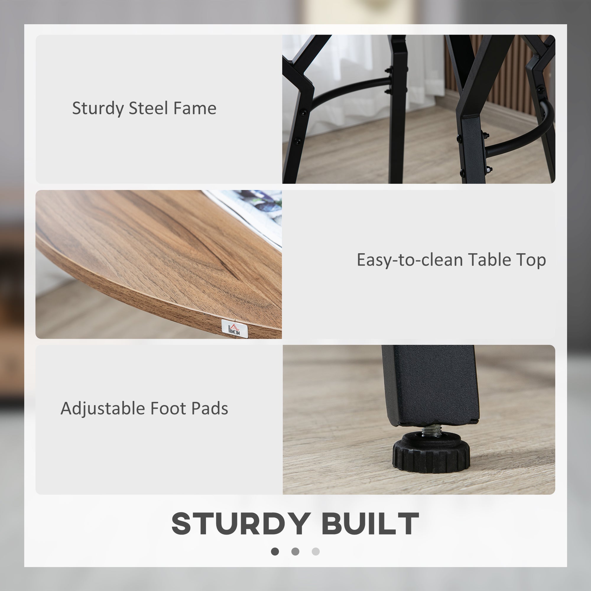 Collage showing a wood-grain tabletop, black steel frame, and adjustable foot pads for a bar table set.