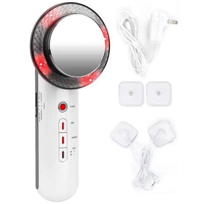 White 3-in-1 ultrasonic EMS infrared massager with silver circular head, red LED lights, power cord, and EMS pads.