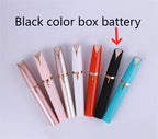 Seven colorful, pen-shaped eyebrow trimmers with rose gold accents arranged in a row against a plain background.