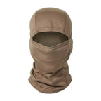 Tan tactical balaclava made of breathable mesh fabric, covering the head and neck with a wide open-eye cutout.