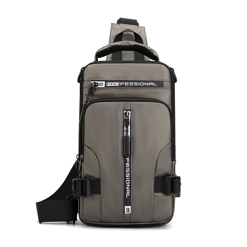Grey multifunctional nylon crossbody chest bag with "PROFESSIONAL" label, multiple zippers, and adjustable straps.