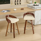 Two 25-inch swivel bar stools with wood curved backs, beige cushioned seats, and chrome footrests in a modern kitchen.