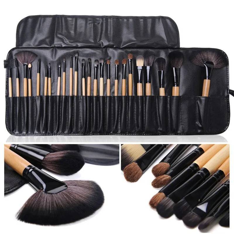 24-piece makeup brush set in a black roll-up leather pouch. Features wooden handles, black ferrules, and soft bristles.