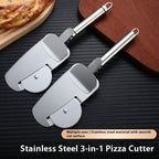 Two silver stainless steel 3-in-1 pizza cutters with long handles and hanging loops on a textured black background.