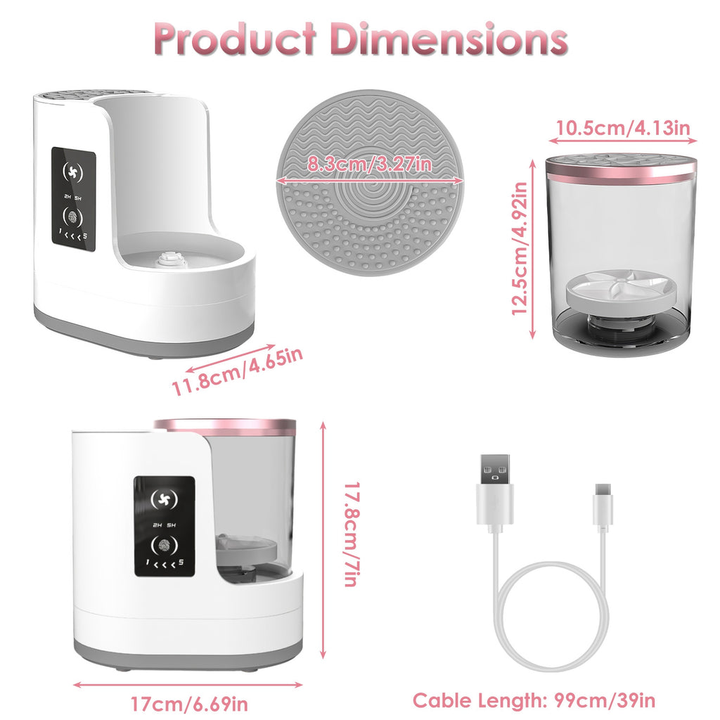 White and rose gold automatic makeup brush cleaner with digital display, silicone mat, clear basin, and USB cable.