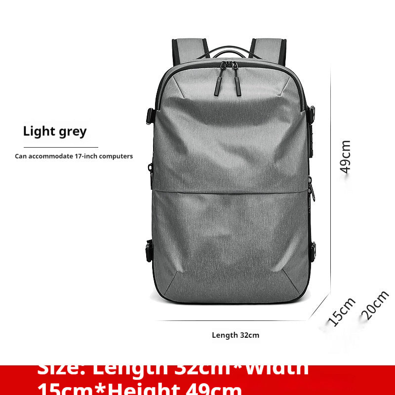 Minimalist light grey travel backpack with black accents, holding up to 17-inch laptops. Dimensions: 32x15x49cm.