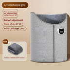 Gray fabric under-desk foot warmer with button control, three heat levels, auto-shutoff, and a bonus throw blanket.