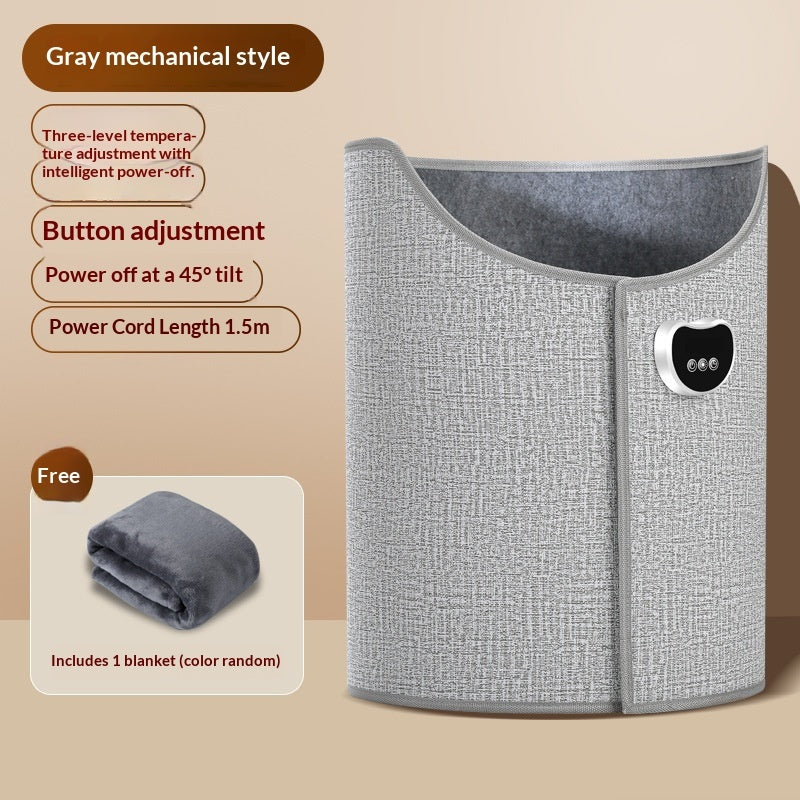 Gray fabric under-desk foot warmer with button control, three heat levels, auto-shutoff, and a bonus throw blanket.