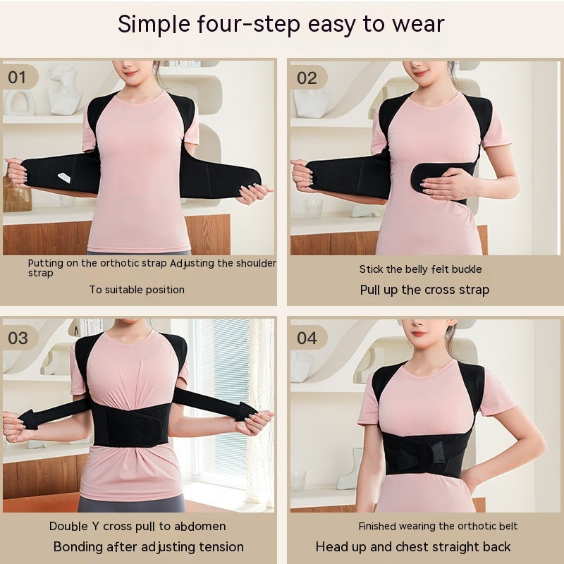 Four-step guide showing a person wearing a black, adjustable posture corrector brace over a light pink t-shirt.