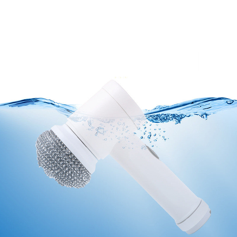 White handheld electric cleaning brush with a metallic scrub head partially submerged in water with bubbles.