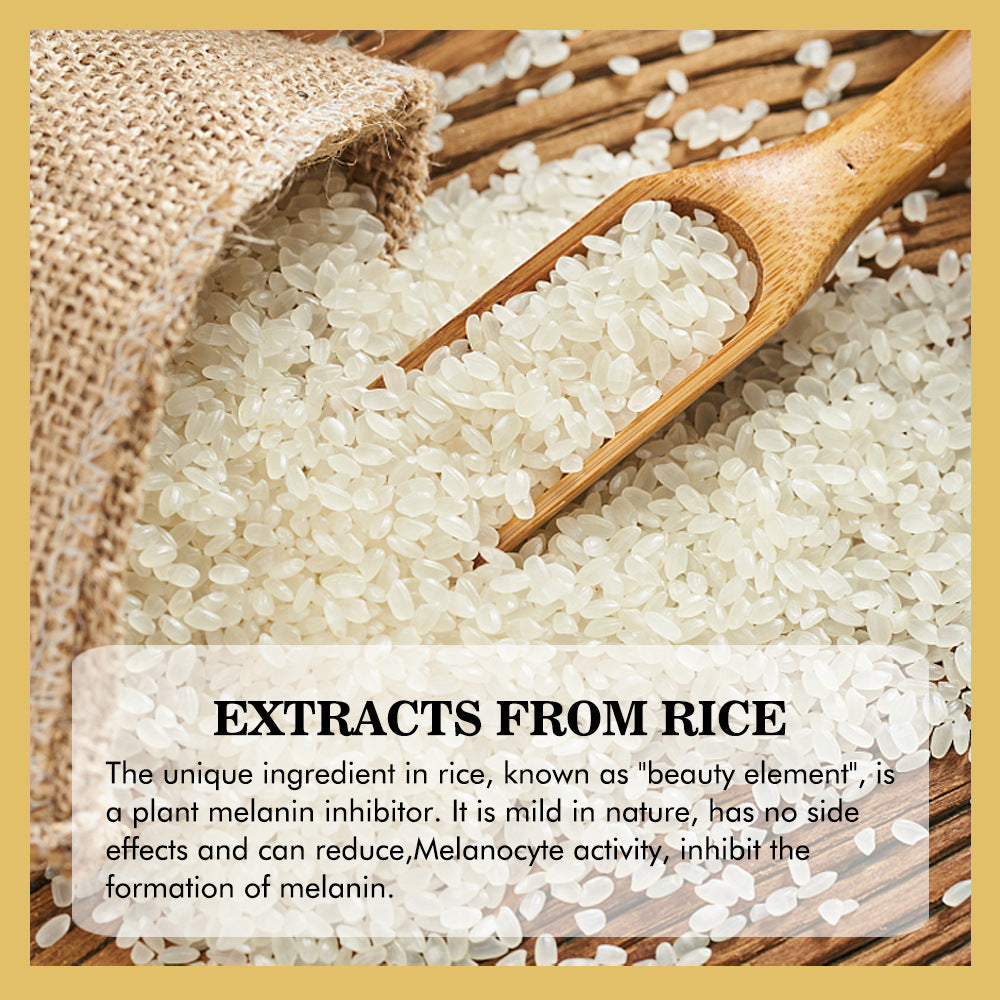 White rice grains spilling from a burlap sack with a wooden spoon on a wooden surface, including text about rice extract.