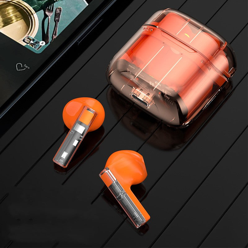 Digitaldistribution375 TWS earbuds in vibrant orange with a transparent, high-tech charging case on a black background.