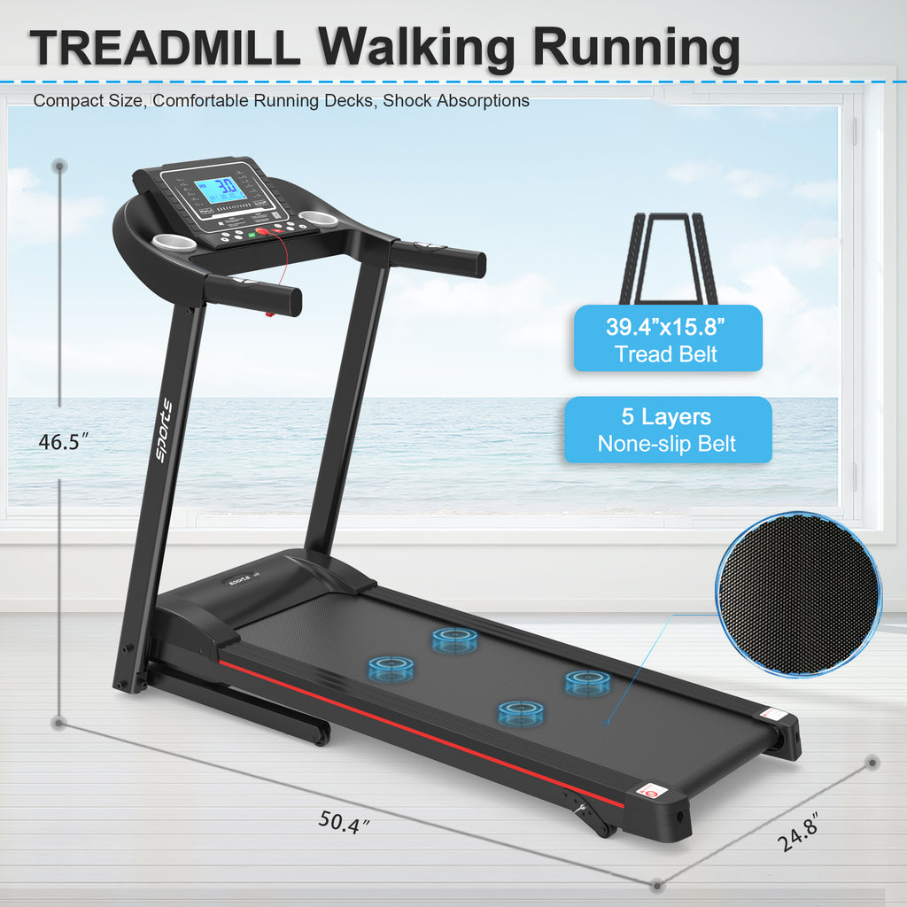 Black foldable electric treadmill with 5-layer anti-slip belt, LCD screen, and shock-absorbing deck for home workouts.