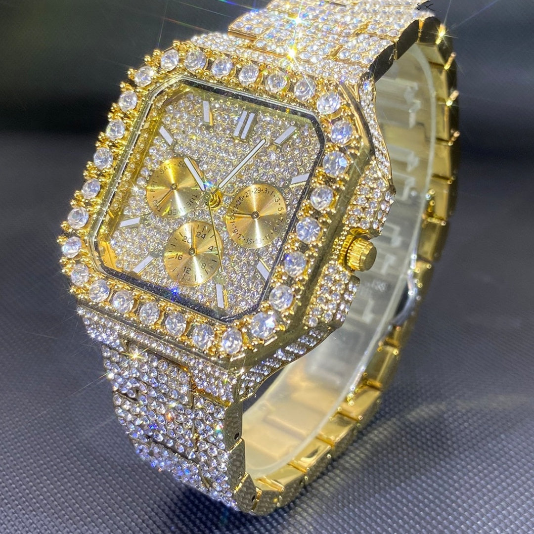 Gold-tone square hip-hop watch fully encrusted with sparkling faux diamonds, featuring a chronograph-style dial.