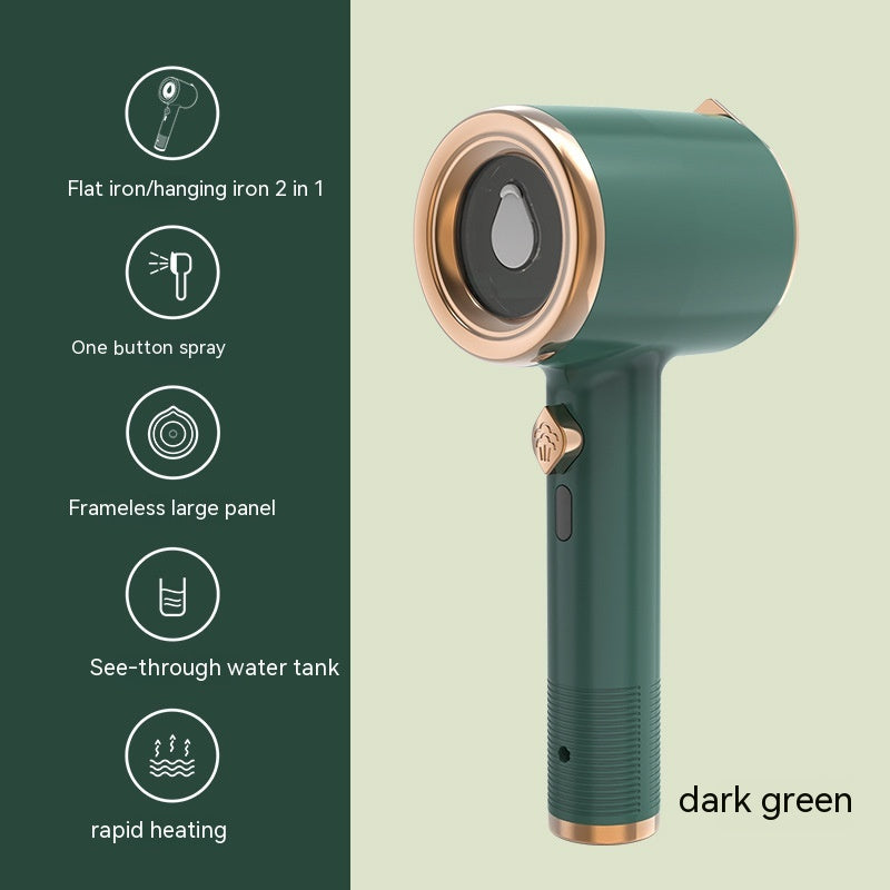Dark green and gold handheld garment steamer with features list highlighting 2-in-1 ironing, steam, and rapid heating.