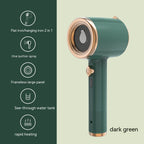 Dark green and gold handheld garment steamer with features list highlighting 2-in-1 ironing, steam, and rapid heating.